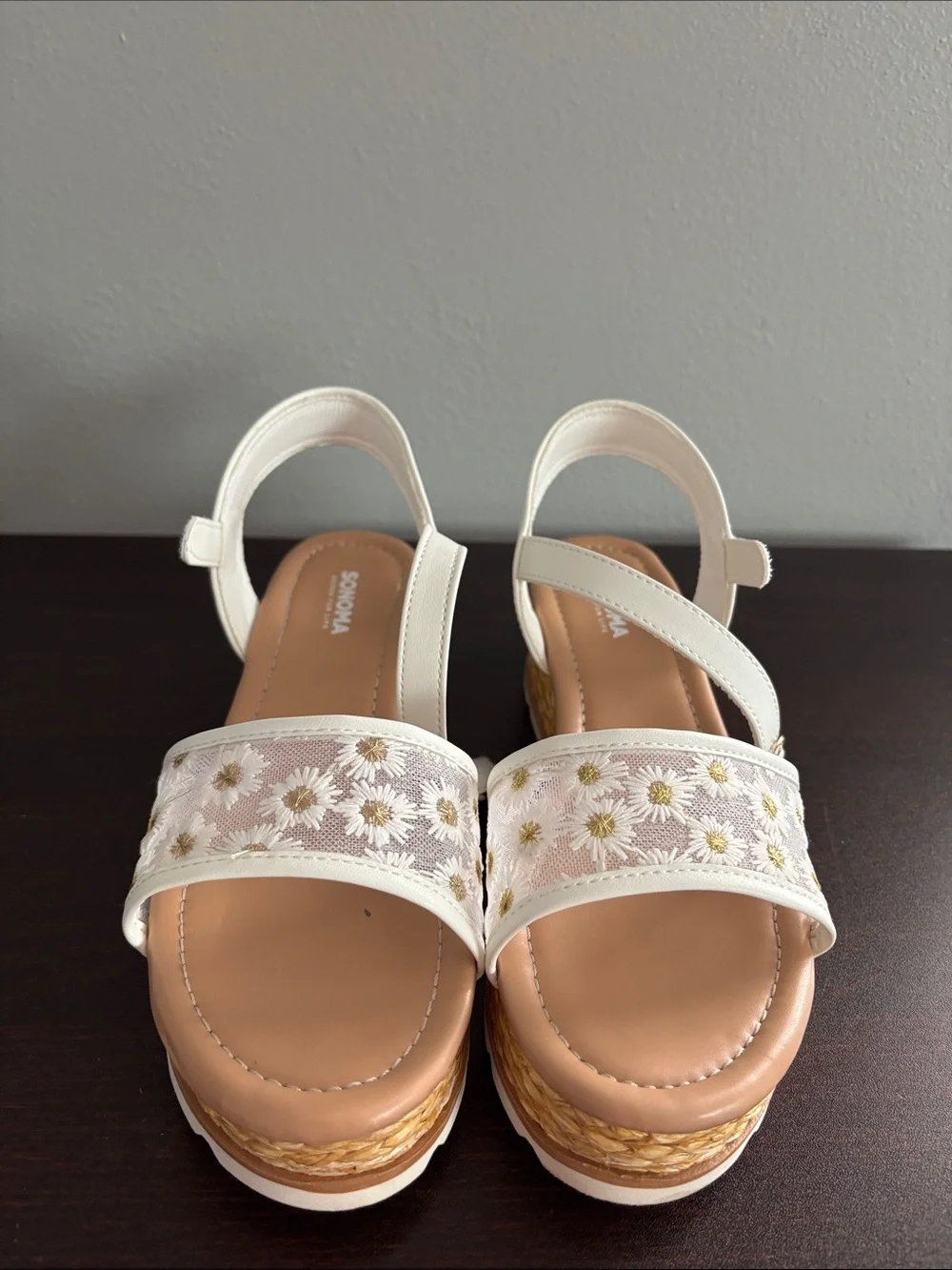 Girls White Daisy Espadrille Wedge Sandals with Ankle Strap